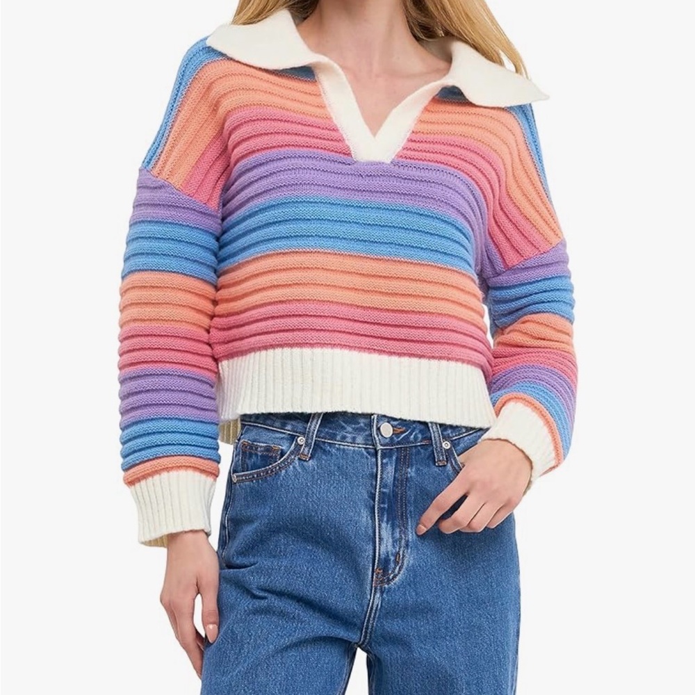 Anthropologie English Factory striped cropped rainbow sweater size Large